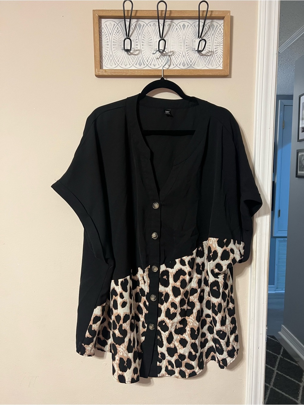 SHEIN Black and Leopard Print Button-Front Blouse